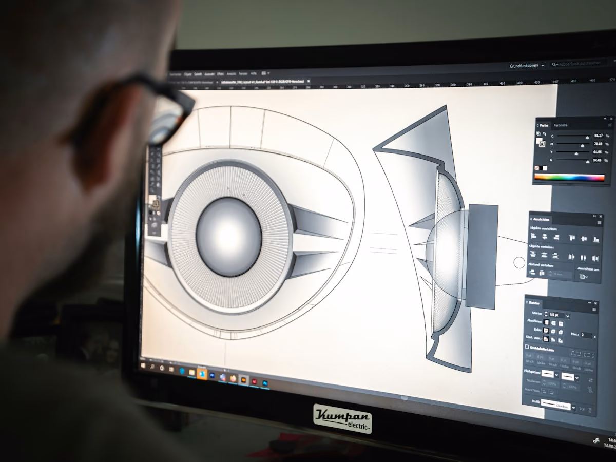 Engineer reviewing a mechanical CAD drawing on a monitor