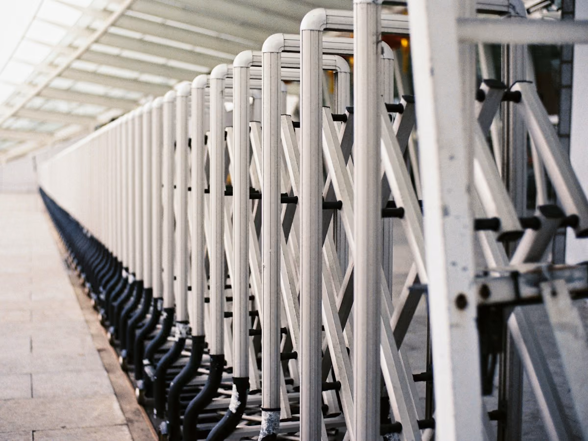 Row of steel floor support stands