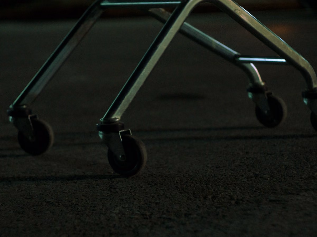 Swivel casters on a steel-framed cart